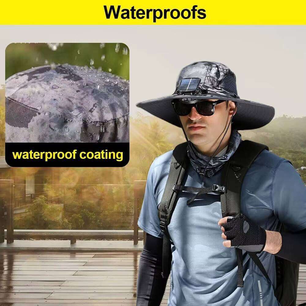 Summer Outdoor Men Wide Brim Sun Hiking Fishing Bucket USB Charging Solar Powered Fan Cooler Hat