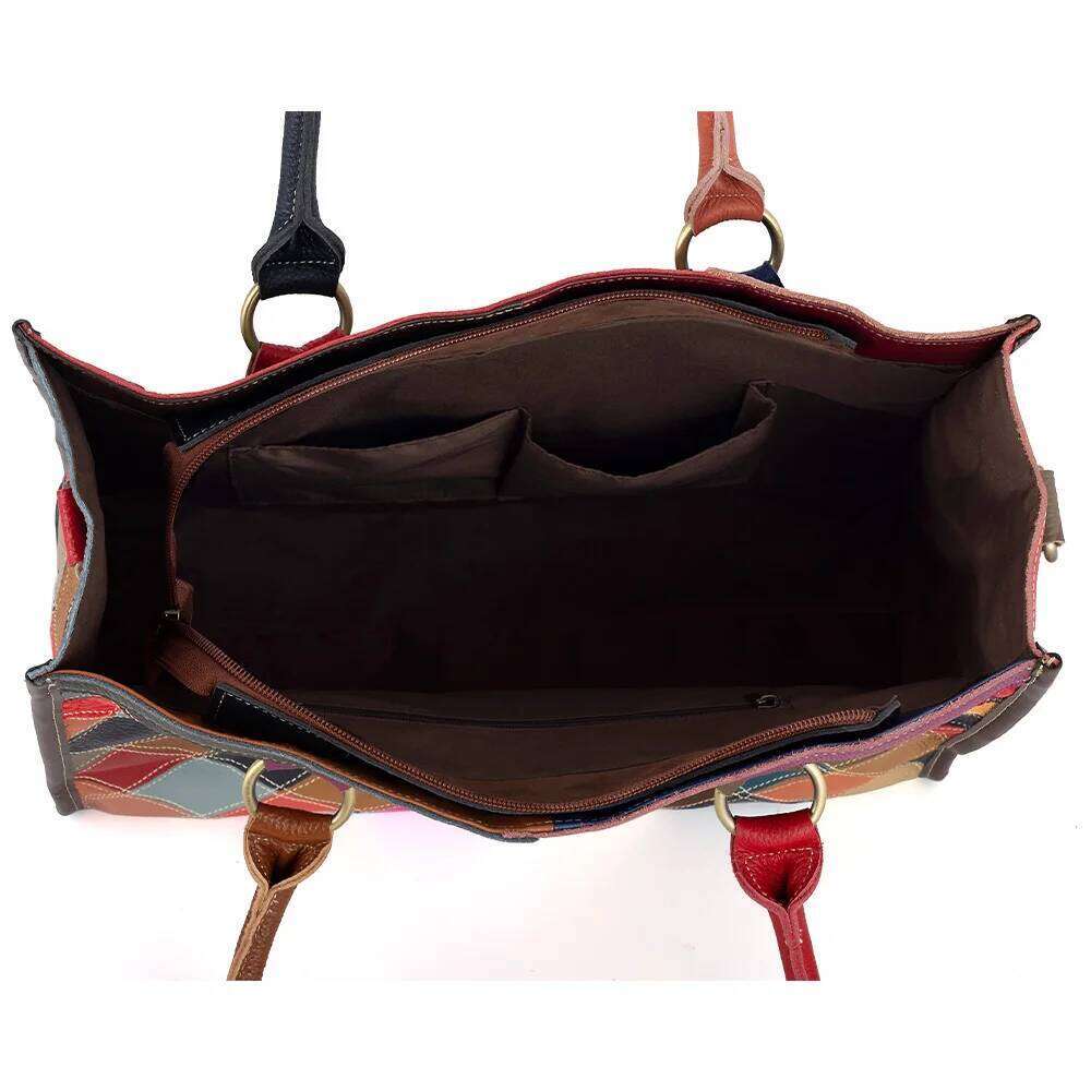 Fashion Splicing Color Leather Women's Tote with Casual and Colorful Circle ing Cowhide Shoulder Bag Handbag