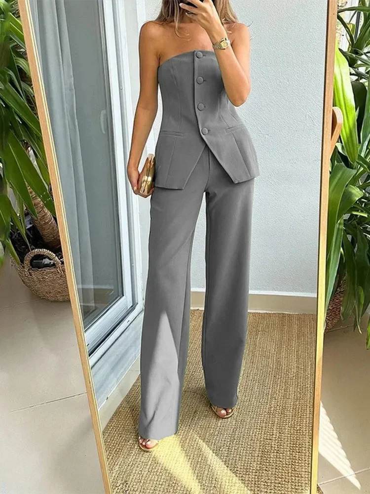 Sleeveless Tube Top Pants Solid Color Two-Piece Suit Womens Autumn Winter Button Tops Slim Trousers Female Daily Casual Wear 250530