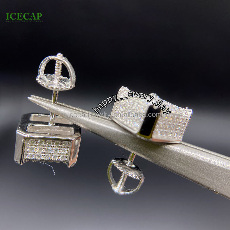 Fashion Jewelry Square Diamond Stud Earrings Ice Moissanite Silver Earrings for Men Women