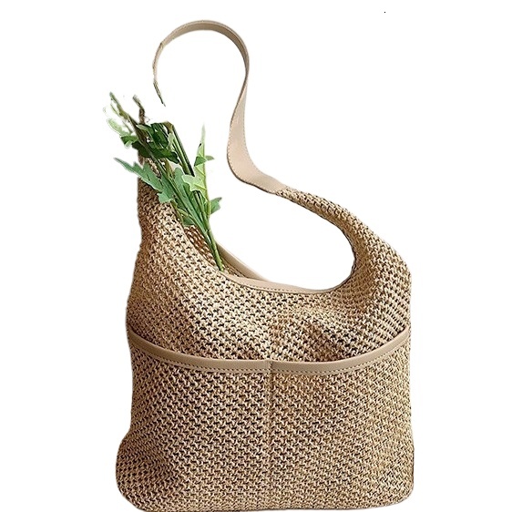 designer Woven Bag Fresh Style Single Shoulder Underarm Tote Bucket Bag Korean Classic Straw Bag Women's Beach Bag Literary Forest Style