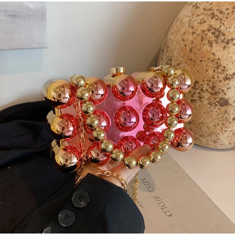 Gold Beaded Chain Banquet Purse Acrylic Cake Box Bag Women Niche Creative High-end Elegant Shoulder Handbag 250528