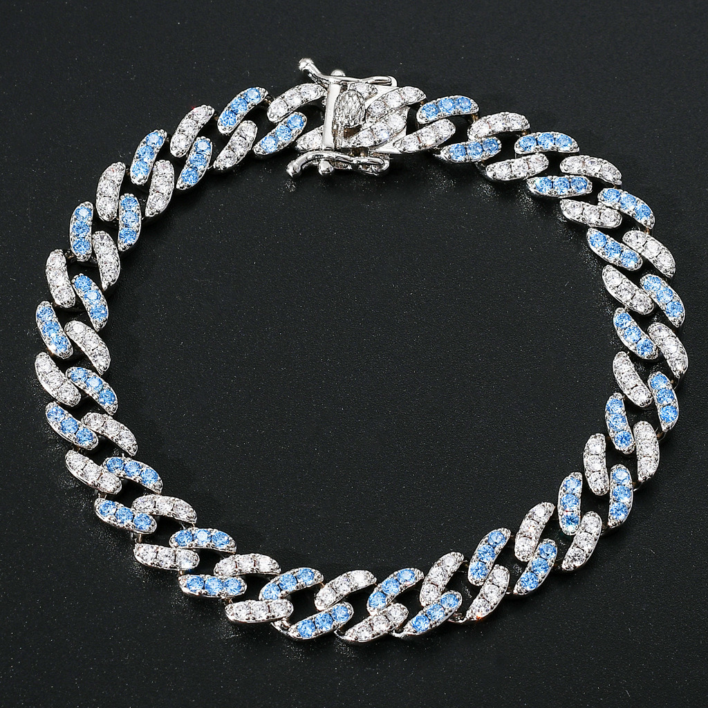 BRACELET 9mm single row blue and white Moissanite micro inlaid Cuban bracelet mens and womens simple hip hop accessories moissanite