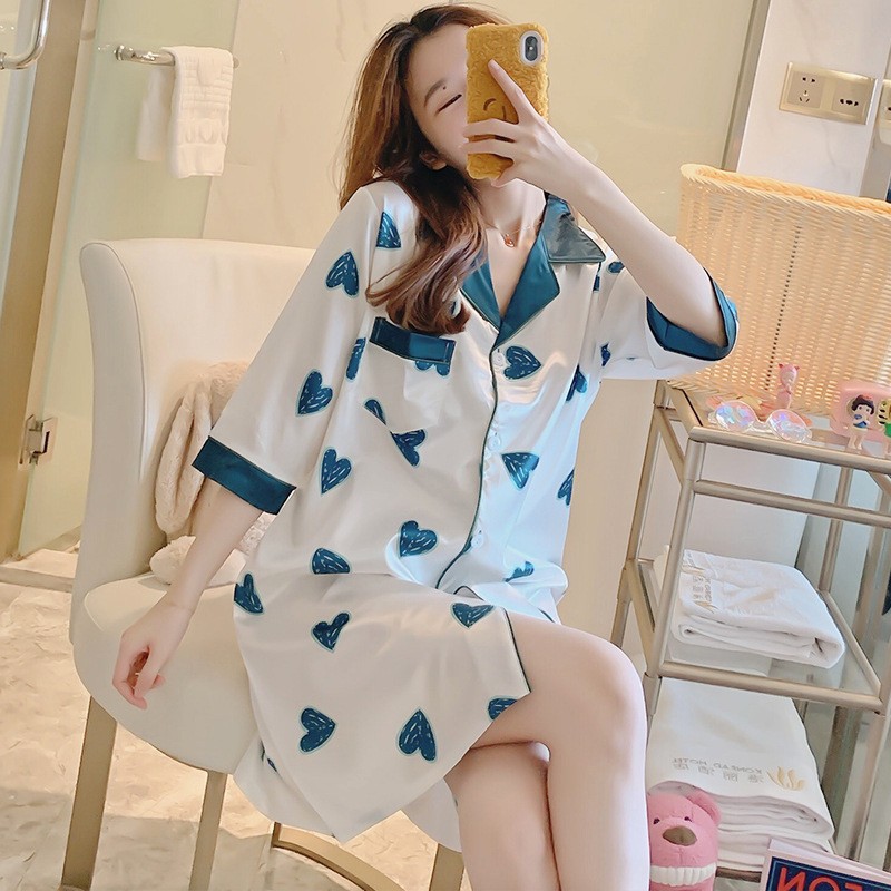 B912-Nightdress women summer short-sleeved cardigan mid-length pajamas thin sexy loose home clothes