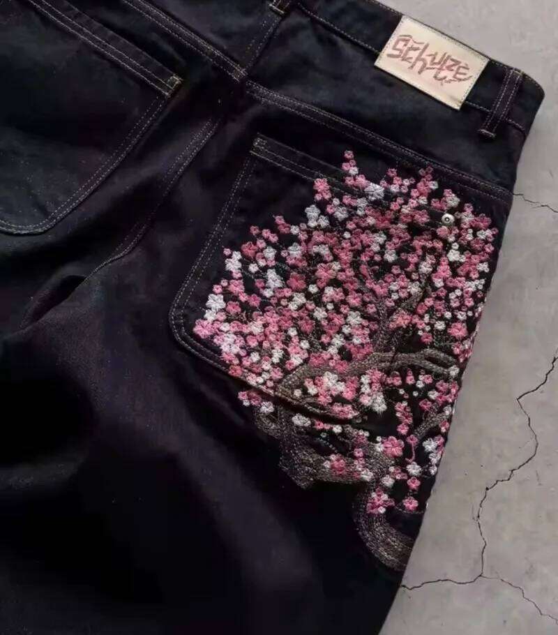 Y2k Haruku Jeans Plum Blossom Embroidery Pattern Goth Vintage Wide Leg Pants Trendy Streetwear Denimamerican Style Street Wear