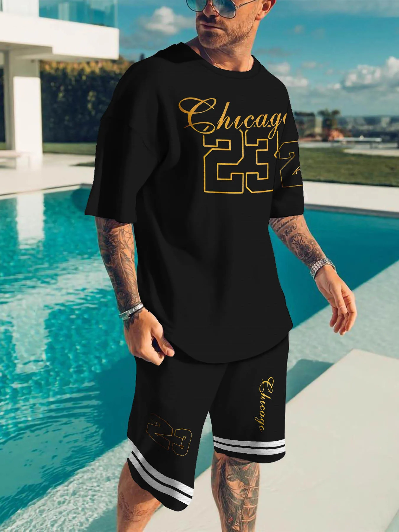 Casual sports suit breathable outdoor leisure mens Tshirt fivepoint pants summer 3D printing adult 250530