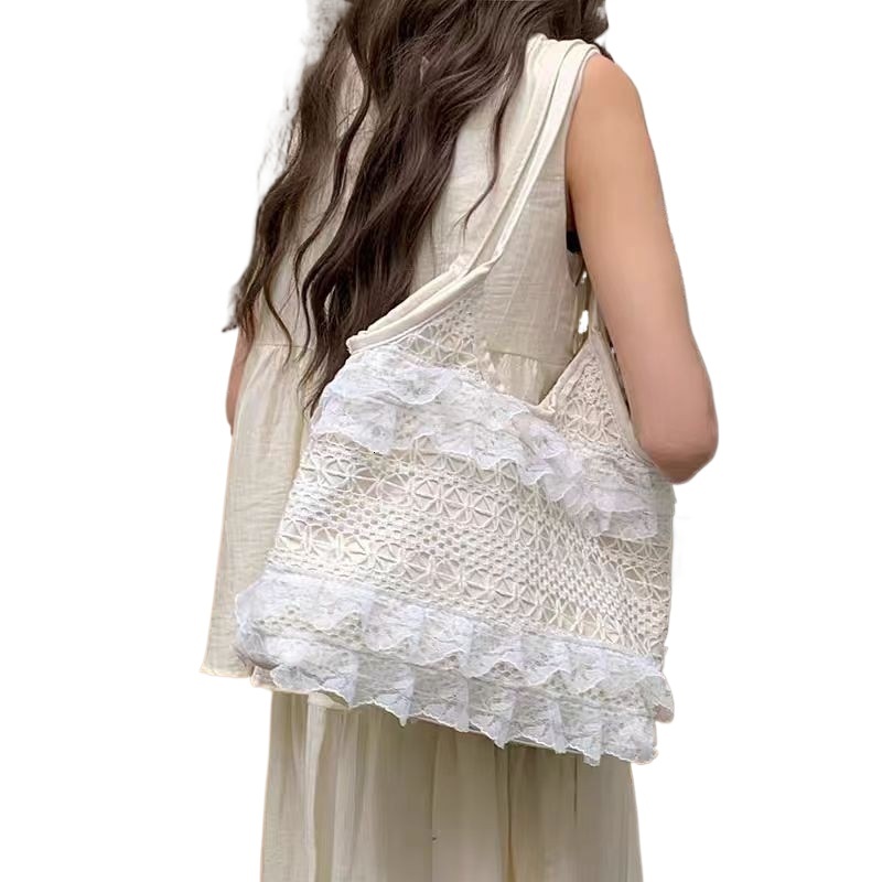 designer Ins Style Fairy Lace Trim Woven Bag for Women Summer Casual Vacation Shoulder Bag Large Capacity Tote Bag