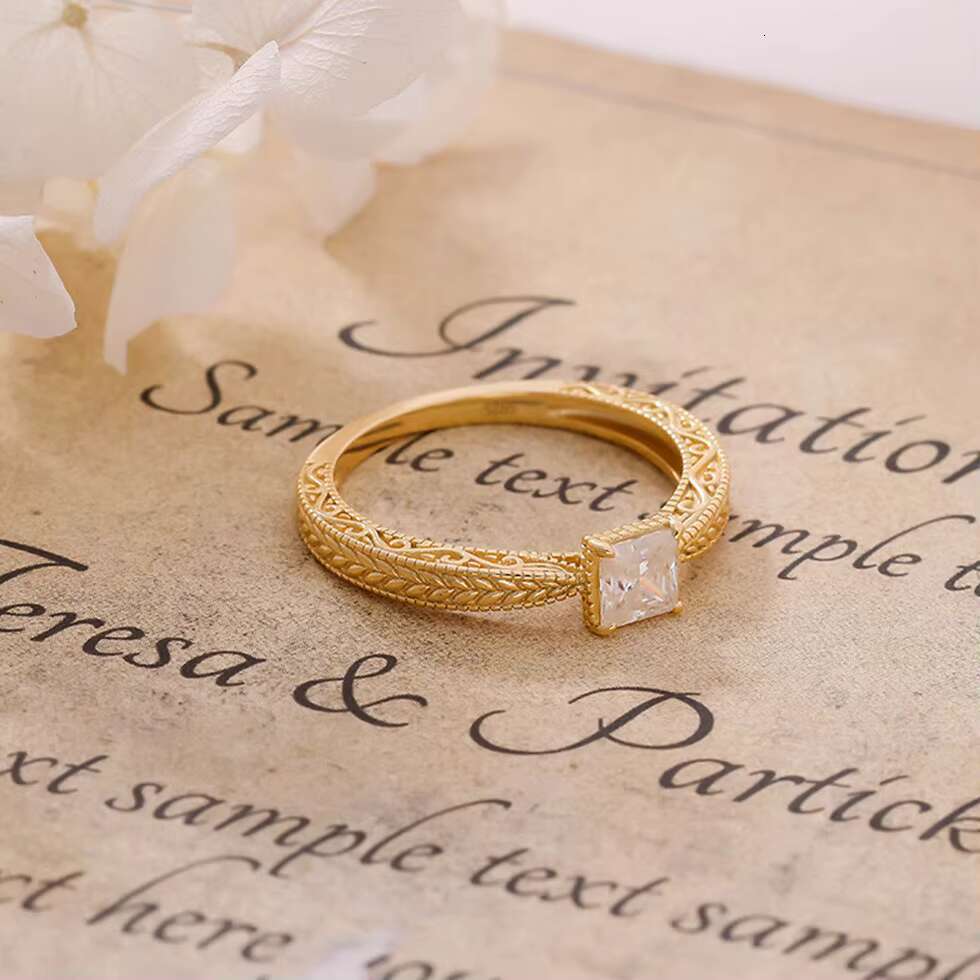 925 Sterling Silver 14K Gold Plated Gemstone Retro Style Geometric Square Moissanite Zircon Ring