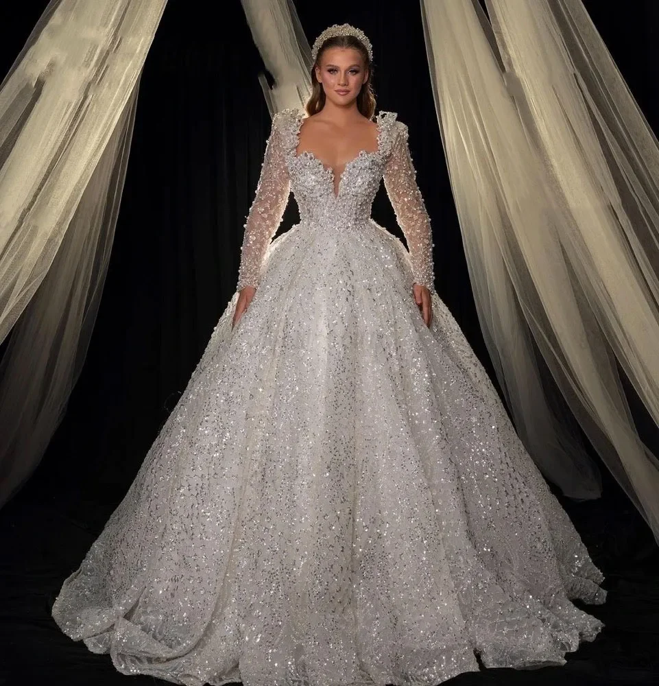 Pretty A Line Wedding Dress For Women Sweetheart Neck Long Sleeves Bridal Gown Pearls Sequins Sweep Train Dresses Custom Made vestidos de novia