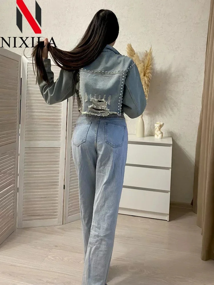 Spring Summer Womens Denim Jacket Heavy Rivet Studded Jean Coat Long Sleeved Top with Worn Nail Bead Detail 250529