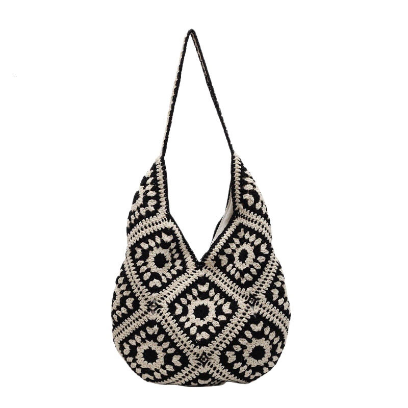 designer Handmade Cotton Yarn Crochet Hollow Sunflower Woven Bag Ethnic Style Large Capacity Tote Bag Straw Shoulder Crossbody Bag