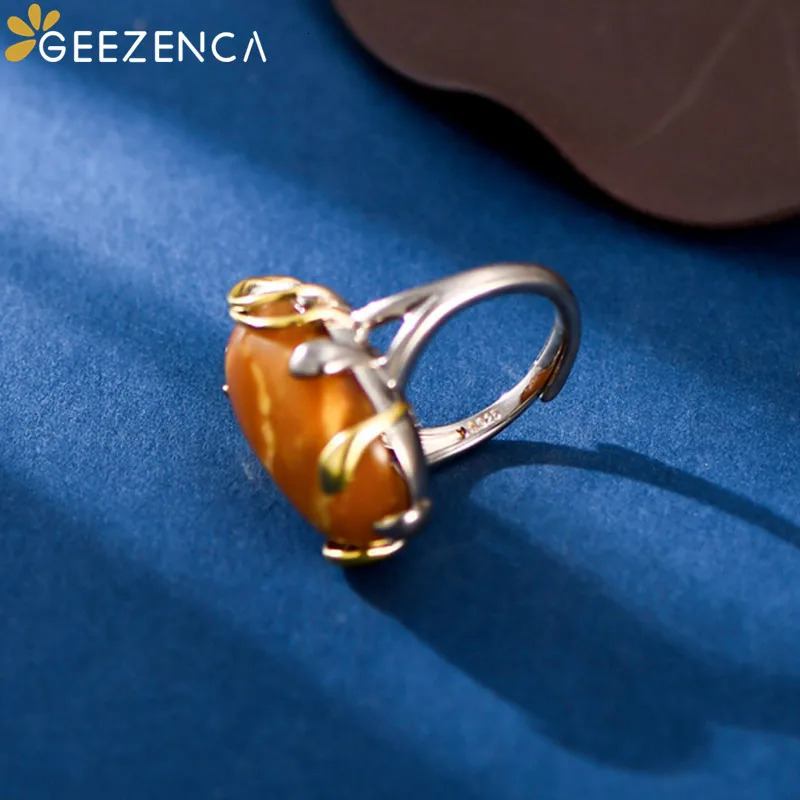 GEEZENCA Natural Amber 925 Sterling Silver Leaf Womens Ring Simple Oval Gemstone Adjustable Ring Female Gift 250526