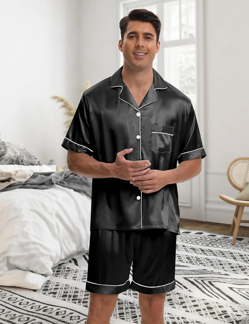 Mens Satin Pajama Set Short Sleeve Lapel Front Buttons Top And Elastic Shorts Comfortable Fit Loungewear Sleepwear Pjs 250526