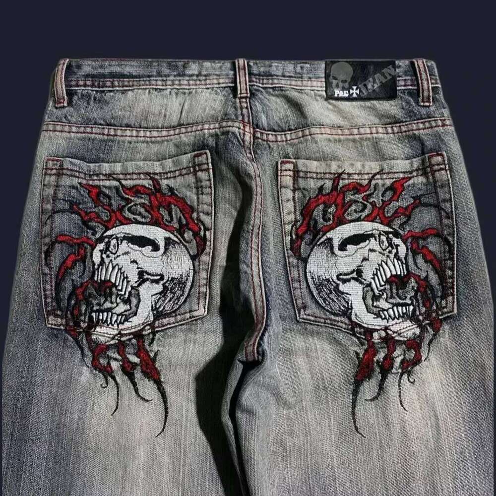 American Hip Hop Joker Skull Embroidered Loose Women Street Y2K New Casual Punk Rock Wide-leg Pants Unisex Mopping Jeans