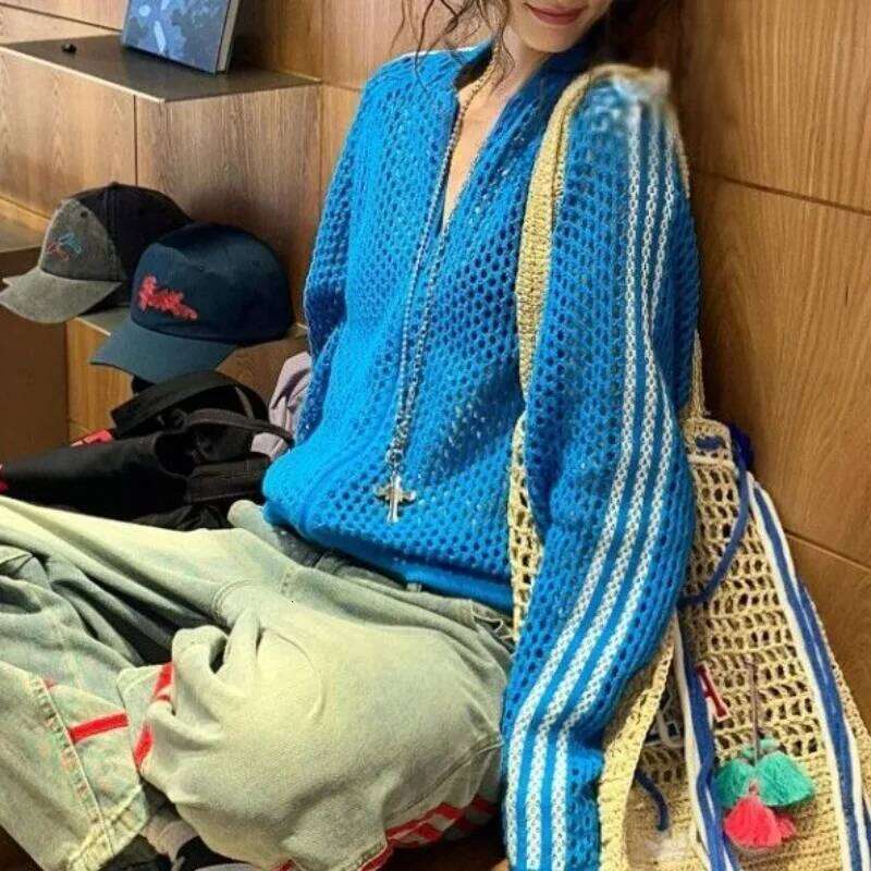 2025 Hollow Out Spring New Women's Retro Trend Blue Zipper Striped Knitted Cardigan Top Jacket Female Clothing Men