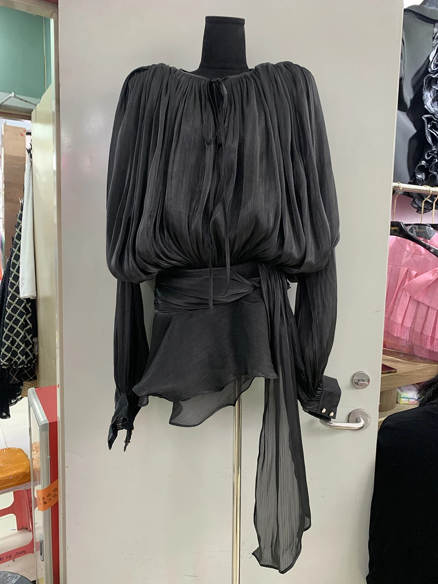 VGH Chic Spliced Lace Up Loose Sexy Short Dresses For Women Round Neck Long Sleeve Minimalist Ruffles Folds Dress Female Fashion 250526