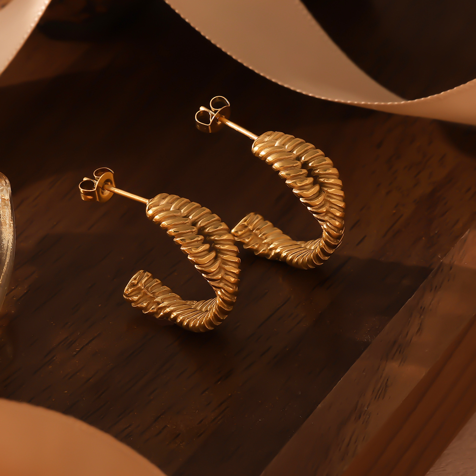 Internet Celebrity Gold Stainless Steel Twisted Hoop Light Earrings High-End Feel