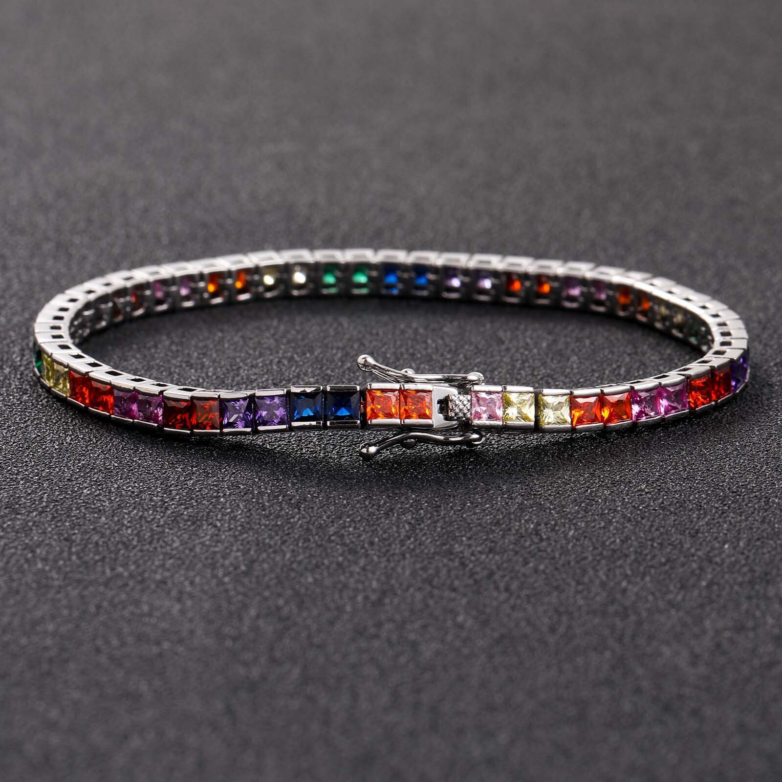 Hip Hop Bracelet 4 * 4mm Colorful Square Moissanite Tennis Chain Copper Inlaid Mens Hip Hop Jewelry moissanite