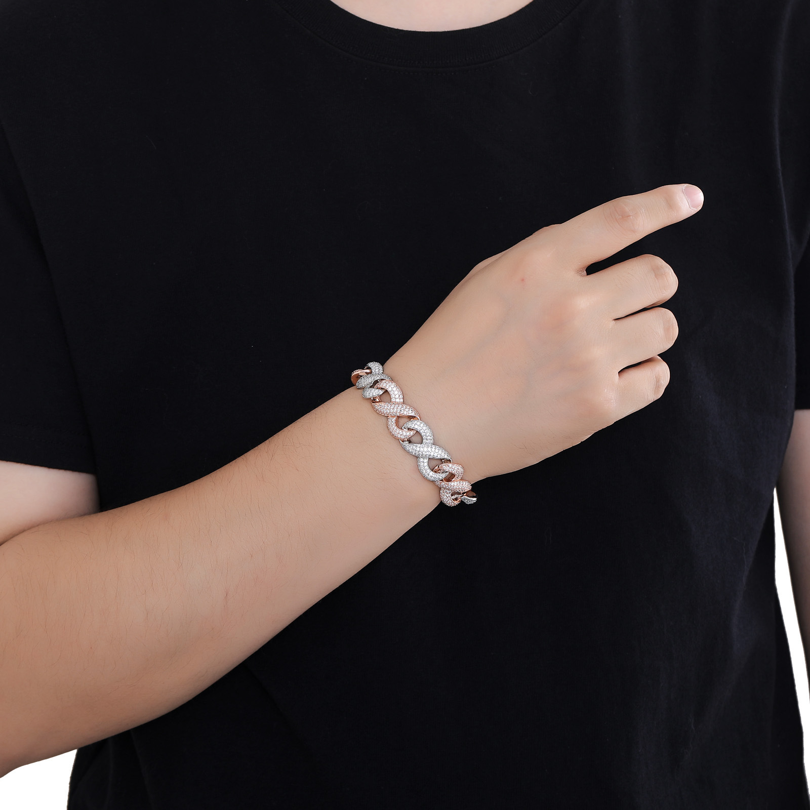 15mm Wide Figure-8 Infinite Chain Rose Gold Two-Tone Cuban Chain Micro-Paved Moissanite Trendy Hip-Hop Bracelet moissanite