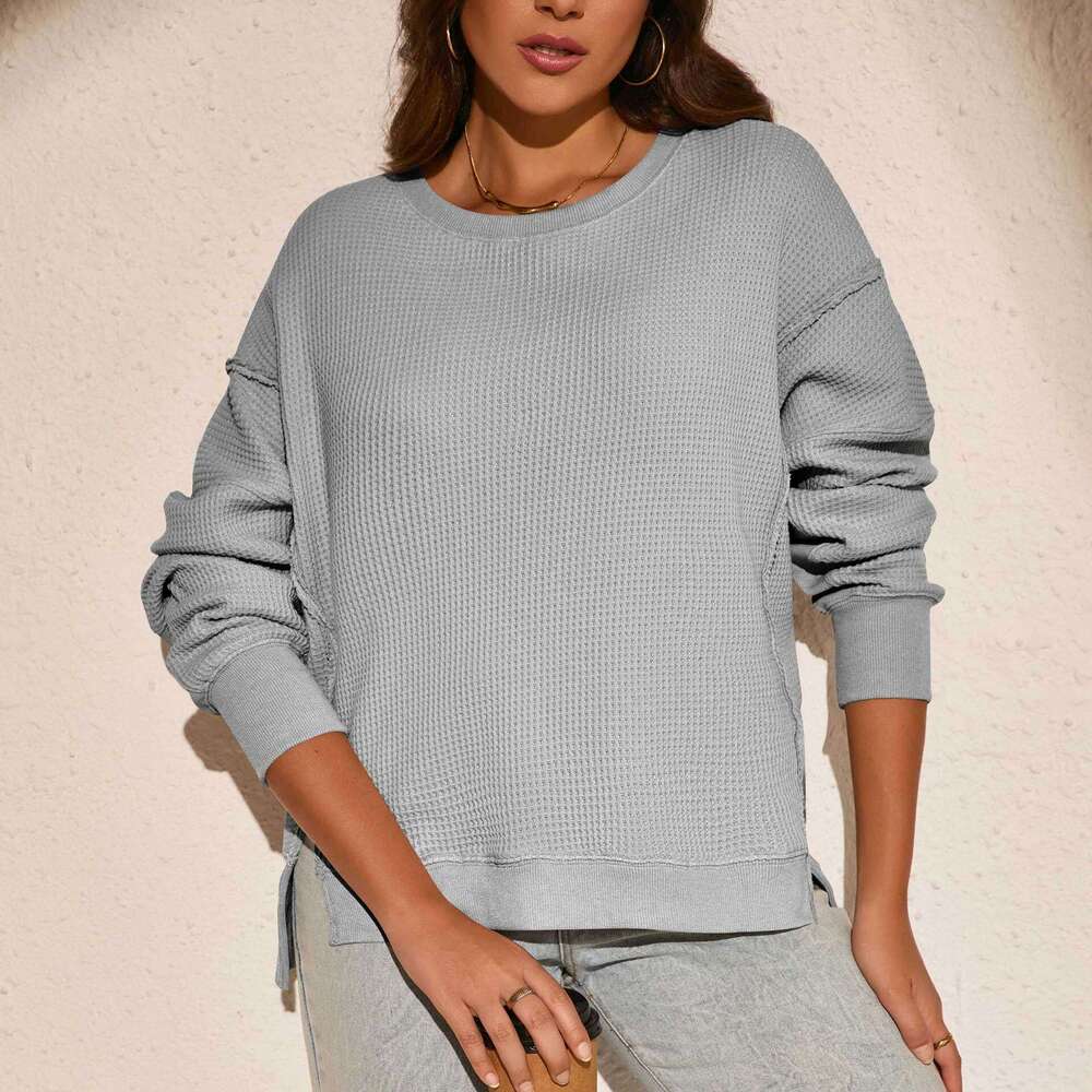 Fashion Women's Round Neck Split Solid Color Loose Casual Long Sleeve Pullover Lazy Sweatshirt