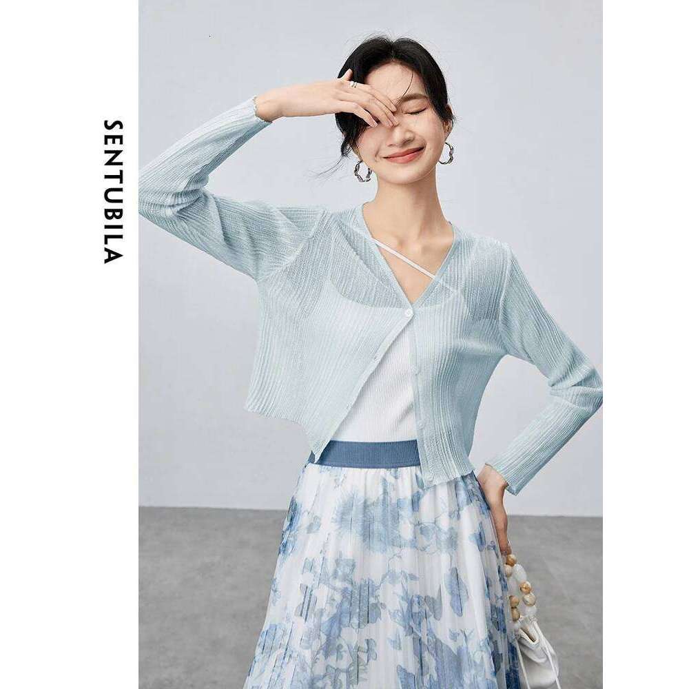SENTUBILA V-Neck Casual Cropped Knitted Cardigan 2024 Summer Straight Single Breasted Solid Long Sleeve Tops Clothing W42h55364