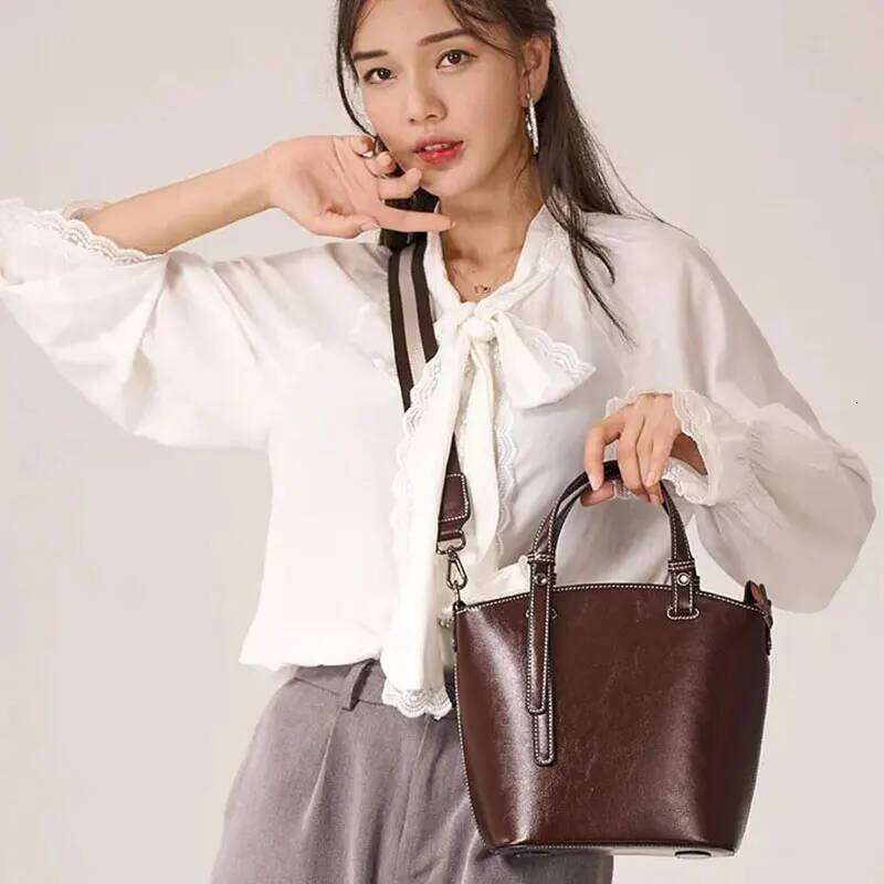 Genuine Leather Women's Bucket Vintage Cowhide Shoulder Bags High Quality Women Handbags Fashion Crossbody Bag 599