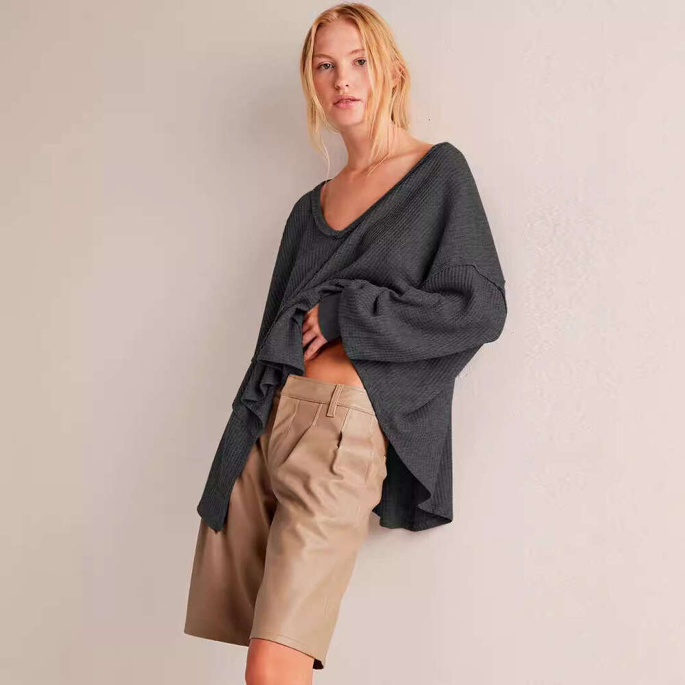 New Loose Fashion Women's Clothing Waffle V-neck Slimming Lazy Long Sleeve Top Autumn Winter Sweatshirt