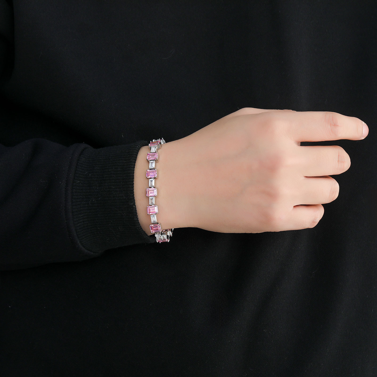 Hip Hop Bracelet Pink Color Block Square Moissanite Simple Tennis Chain Personality Hip Hop Moissanite Unisex Hip Hop Trendy Brand Bracelet moissanite