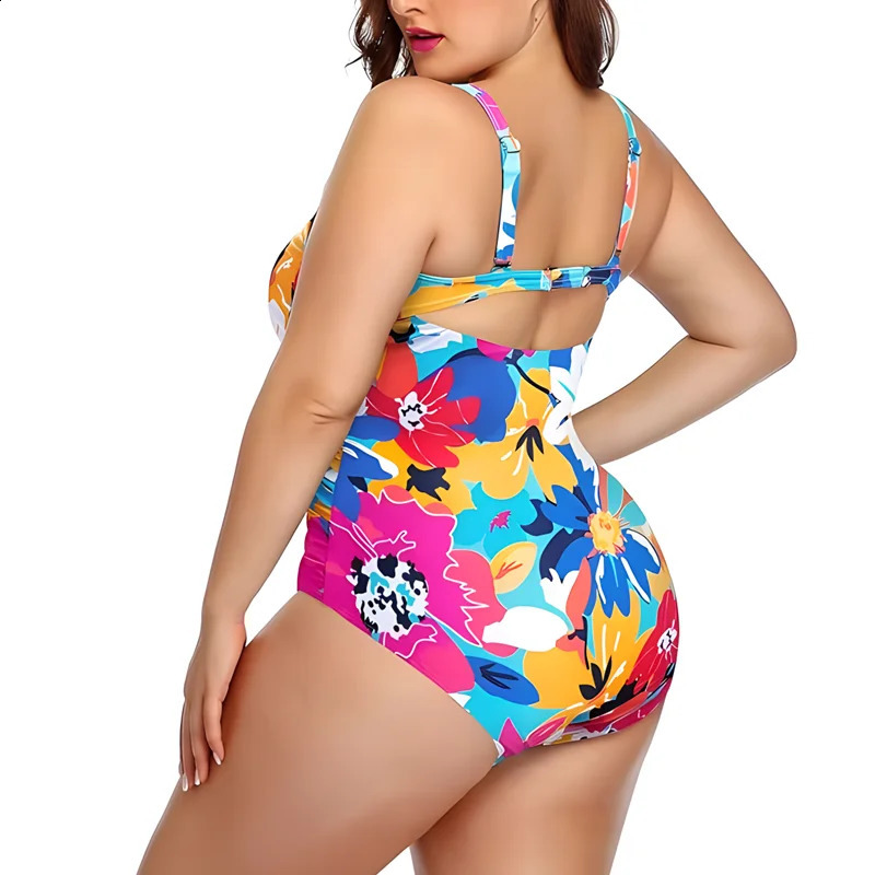 Floral Printed Women Plus Size Swimsuits Cutout Tummy Control Sexy Swimwear Female Monokini Bathing Suit 250528
