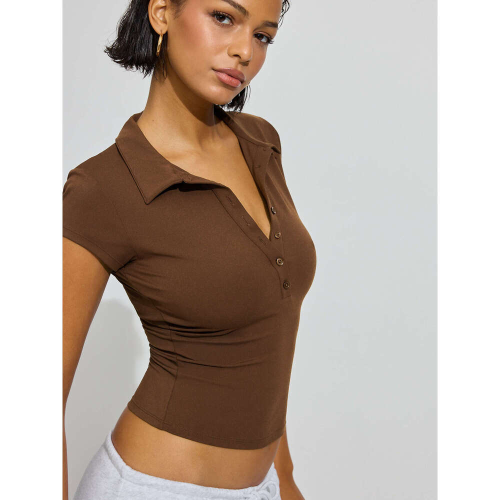 2025 Spring/Summer New Polo Collar Button Short Sleeve Slim Fit Sports Waist-Tied Versatile Top