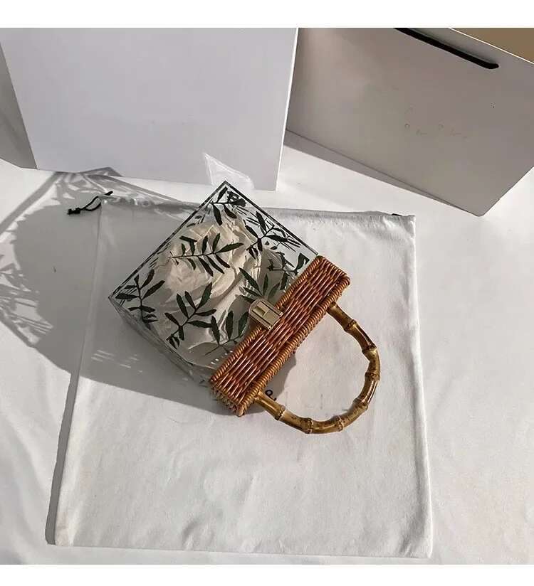 Summer Transparent Acrylic Box Printing Square Bag Bamboo Woven Handmade Handle Handbag Women Holiday Vacation