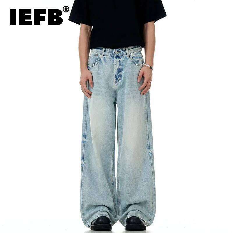 IEFB Wahsed Jeans Floor Length Menwear New Trendy American Light Blue Male Denim Pants Straight Leg Baggy Summer 9W3001