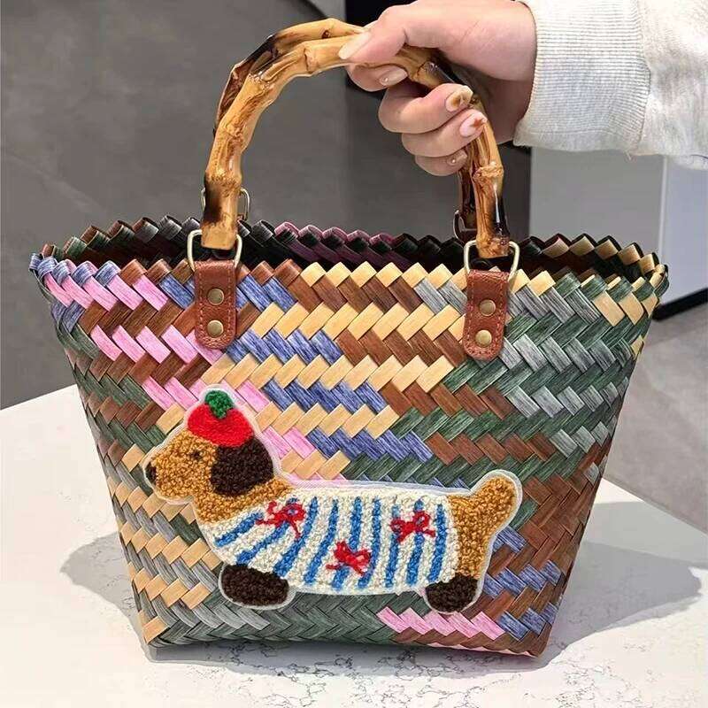 Niche Retro Cute Dachshund Woven Fashionable Bamboo Basket 2025 New Casual Hand-held Tote Girls Gift Women's Bag