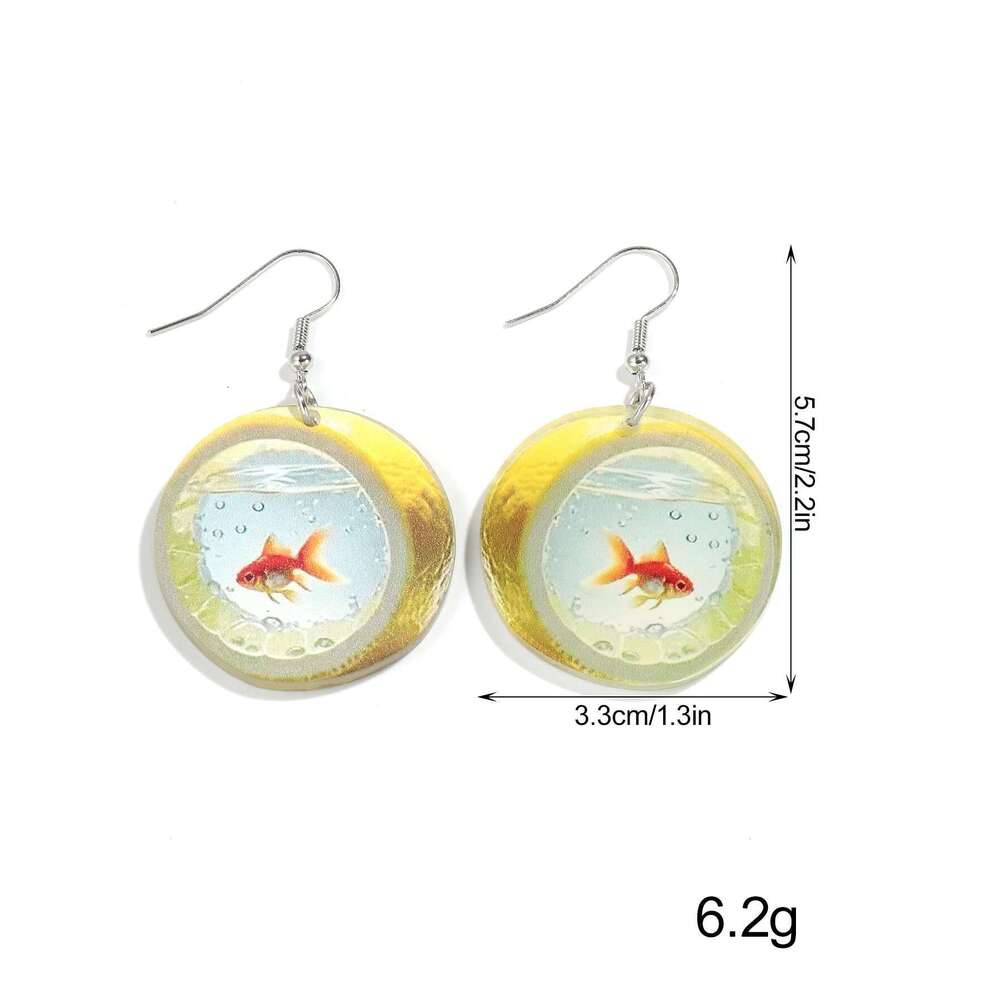Cute Cartoon Lemon Fish Acrylic Print Drop Earrings For Women New Funny Round Carp Dangle Earring Creative Jewelry Birthday Gift