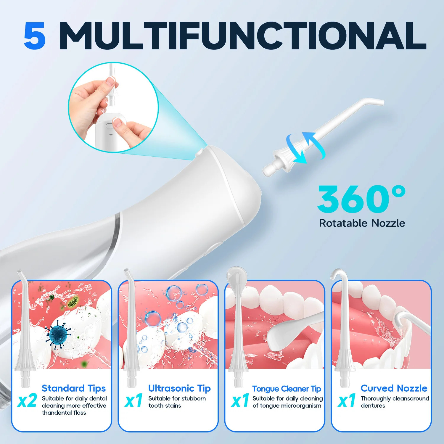 Water Dental Flosser300ML Tank DIY Mode Rechargeable Oral IrrigatorIPX7 Waterproof 5 Modes 3 Pressure Irrigate for Teeth Clean 250530