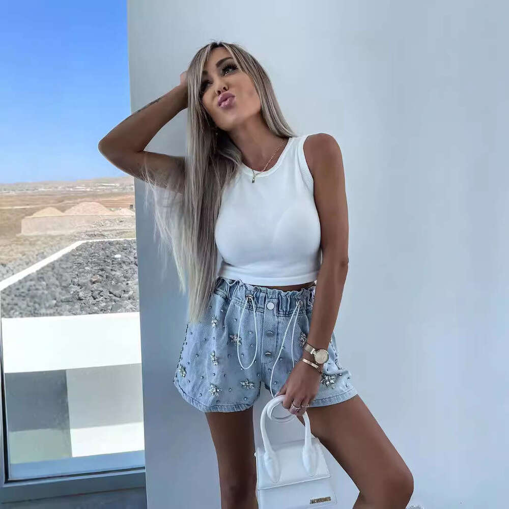 Denim Shorts Jeans Shorts Summer Autumn Fashion Casual Elastic Waist Handmade Rhinestone Decorated Elegant Women S Denim Shorts Ripped Short Jeans