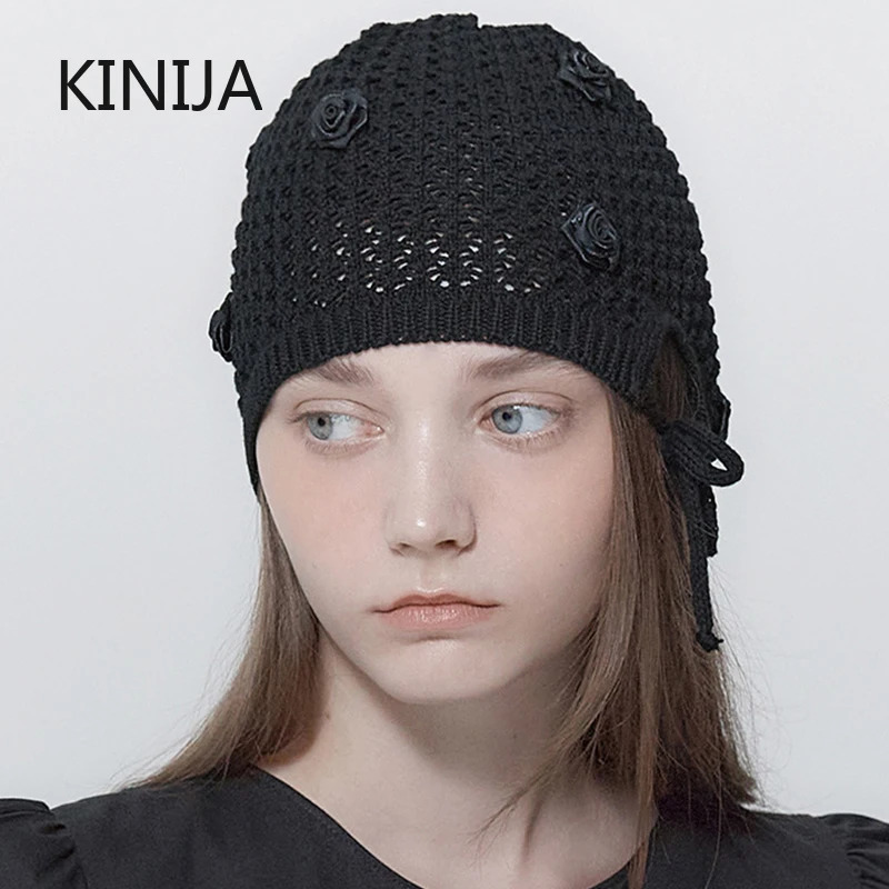 Korean Hand-crocheted Rose Knitted Hat Spring and Summer Simple Hollow Lace-up Temperament Beanie Cap 250530
