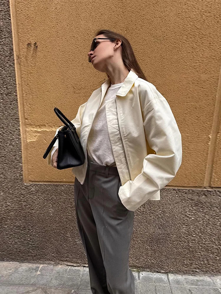 Street Womens Jacket Zipper White Lapel Long Sleeve Female Loose Coats Female 2025 Spring Fall Lady High Street Outwears 250530