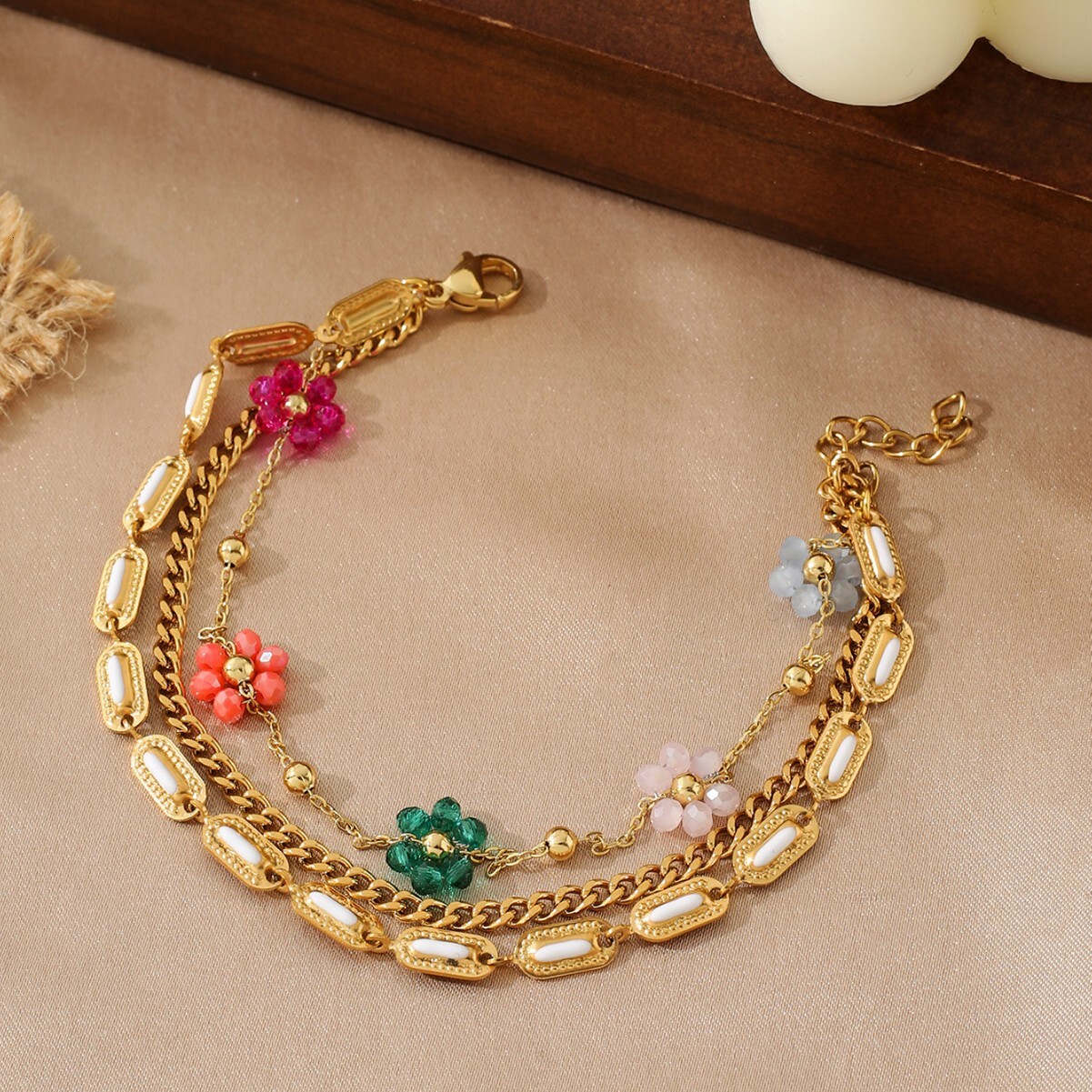 Titanium Two-Layer Stacked Colorful Crushed Stone Gold-Plated Stainless Steel Bracelet