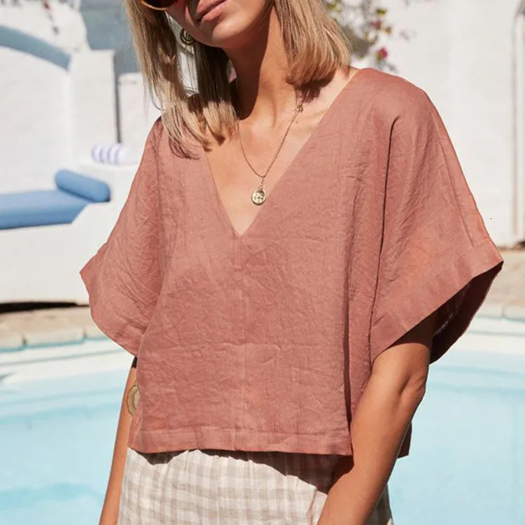 100% Linen V-Neck Backless Tops Women 2025 Casual Half Sleeve T-Shirt Solid Color Harajuku Loose Summer T-Shirt 250530