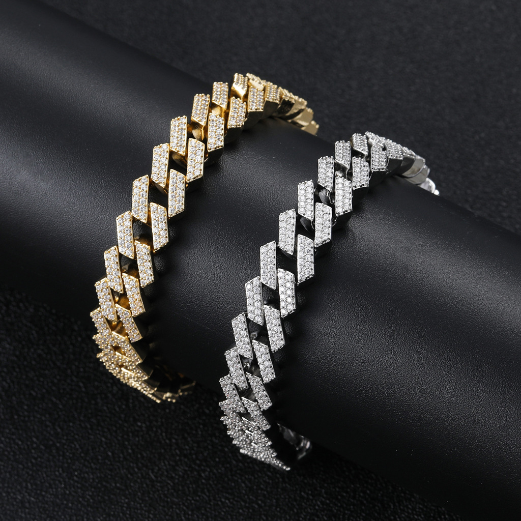 Bracelet hip hop 12mm diamond Cuba Necklace 18K gold plated double row Moissanite personalized trendsetter mens Bracelet moissanite