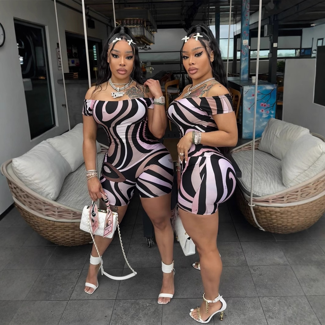 Designer T Shirt Summer Cross Border Trade Hot Selling Women S Strapless Geometric Pattern Print Short Sleeve Slim Fit Jumpsuit Essentials Summer Dres