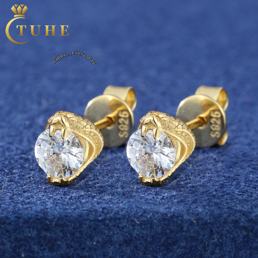 Fashion Rapper Jewelry Gold Plated 925 Sterling Silver VVS Moissanite Diamond Iced Out Cobra Solitaire Stud Earrings