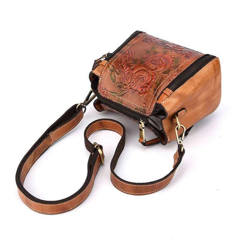 Womens Bag Leather Retro Hand Emed Shoulder Crossbody Vintage Floral Bucket Bags Large Capacity Purse Handbags
