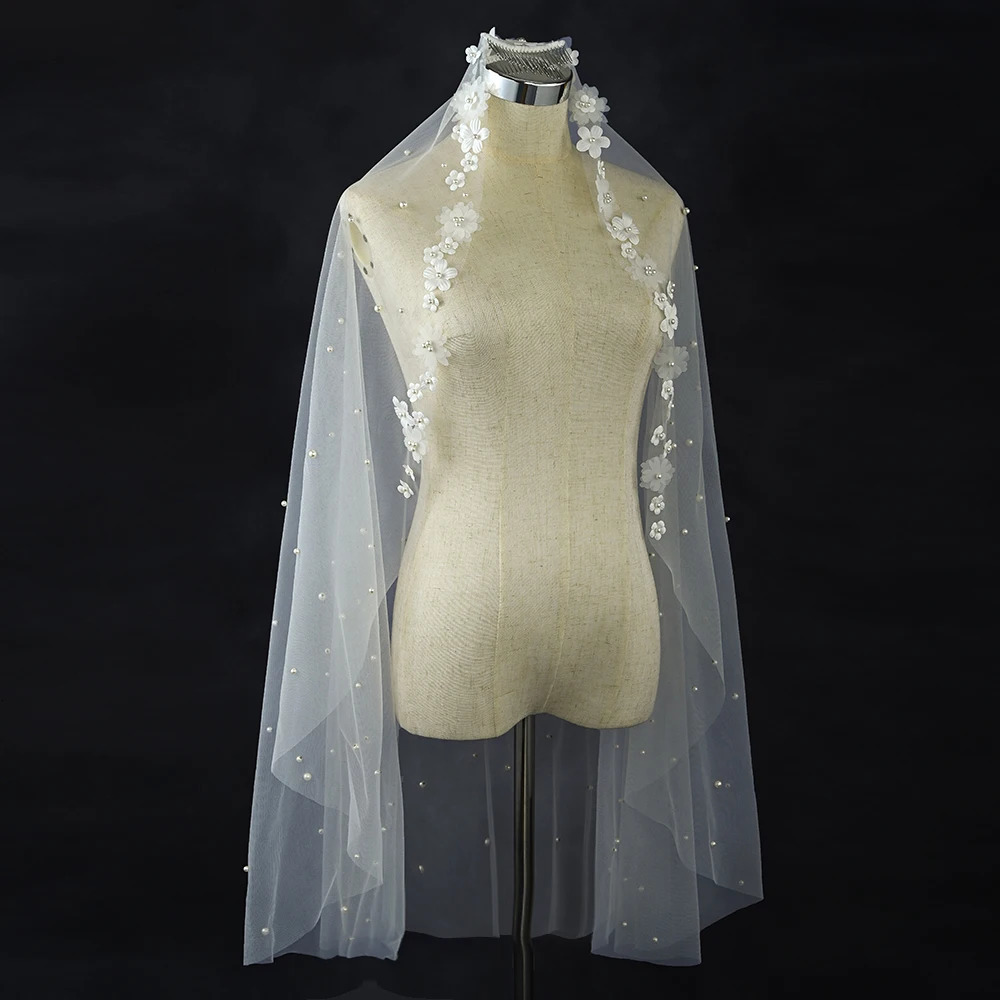 Bridal Veil with Flowers Short Pearls Wedding Veil 1 Tier Elegant Wedding Accessories for Bride Floral French Lace Trim VP67 250530