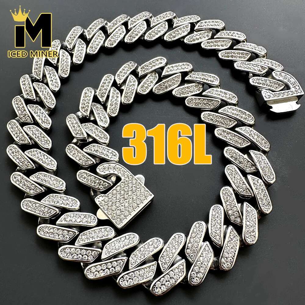 19mm topquality 316l stainless steel cuban chain necklace for men women full bling zircon goth hip hop jewelry free shipping