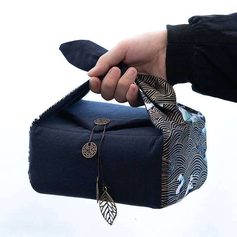 Cotton and Linen Tea Set Cloth Teapot Teacup Folding Storage Bag Portable Travel Outdoor Tote Organizer