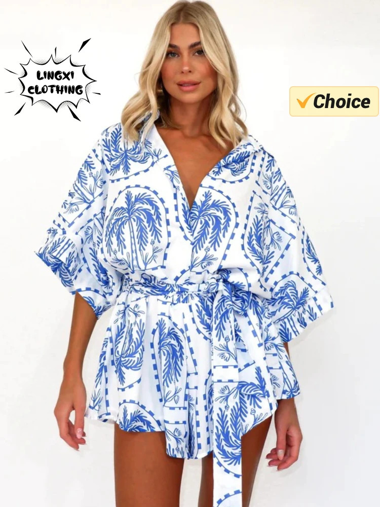 Summer Fashion Womens Printed Short Jumpsuit with Waist Tie Up and Lapel Half Open Holiday Style Womens Wear 250528
