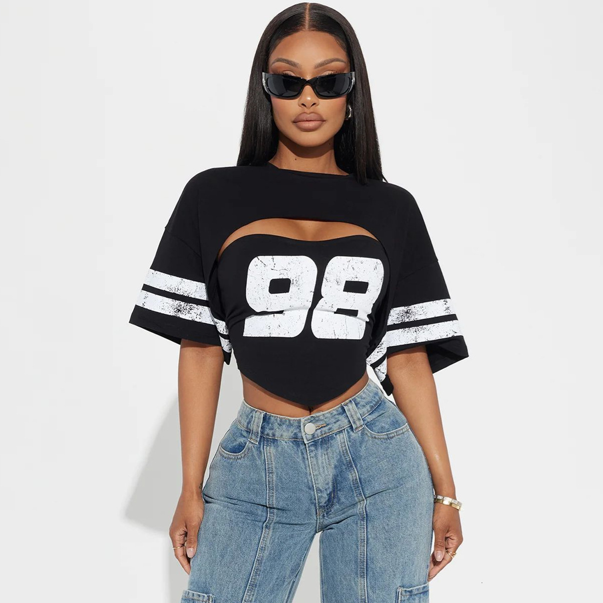 Designer T Shirt Autumn New Cross Border Casual Loose Sports Style Printed Tube Top Hot Girl Pullover Short Sleeve Top T Shirt For Women Essentials Su