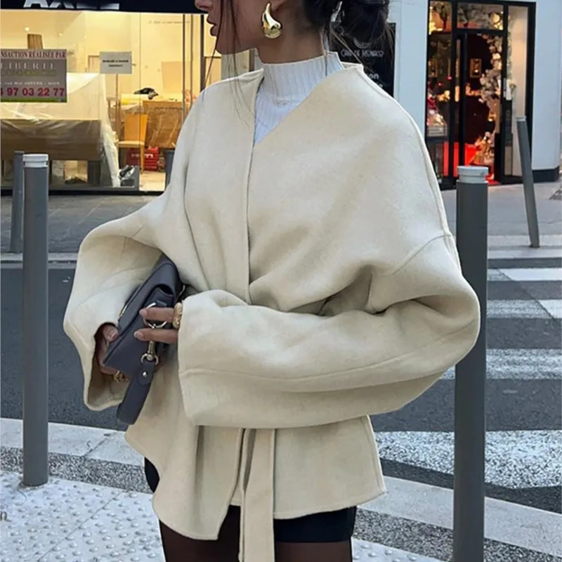 Elegant Belt Lace Up Woolen Jacket For Women Autumn Fashion Long Sleeve Short Jacket 2025 Lady Streetwear Outerwears Female 250530